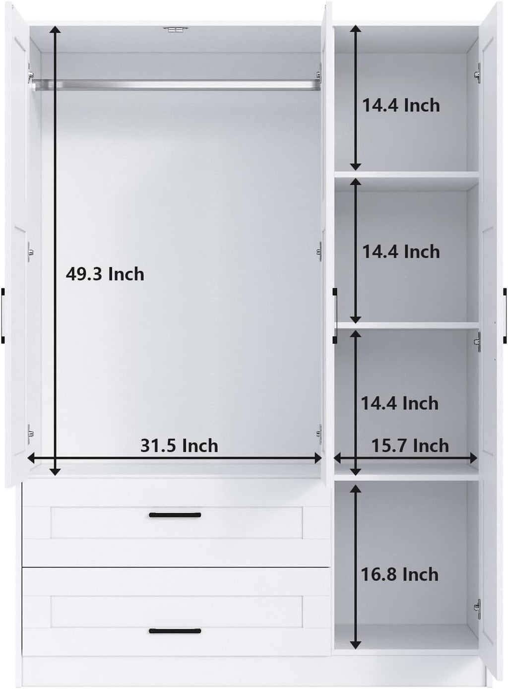 3 Doors Wooden Wardrobe Closet Armoire, White Storage Cabinet for Hanging Clothes, Bedroom Large Capacity Freestanding Armoire,Wood Wardrobe Combination with Shelves (2drawer, White)