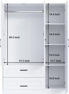 3 Doors Wooden Wardrobe Closet Armoire, White Storage Cabinet for Hanging Clothes, Bedroom Large Capacity Freestanding Armoire,Wood Wardrobe Combination with Shelves (2drawer, White)