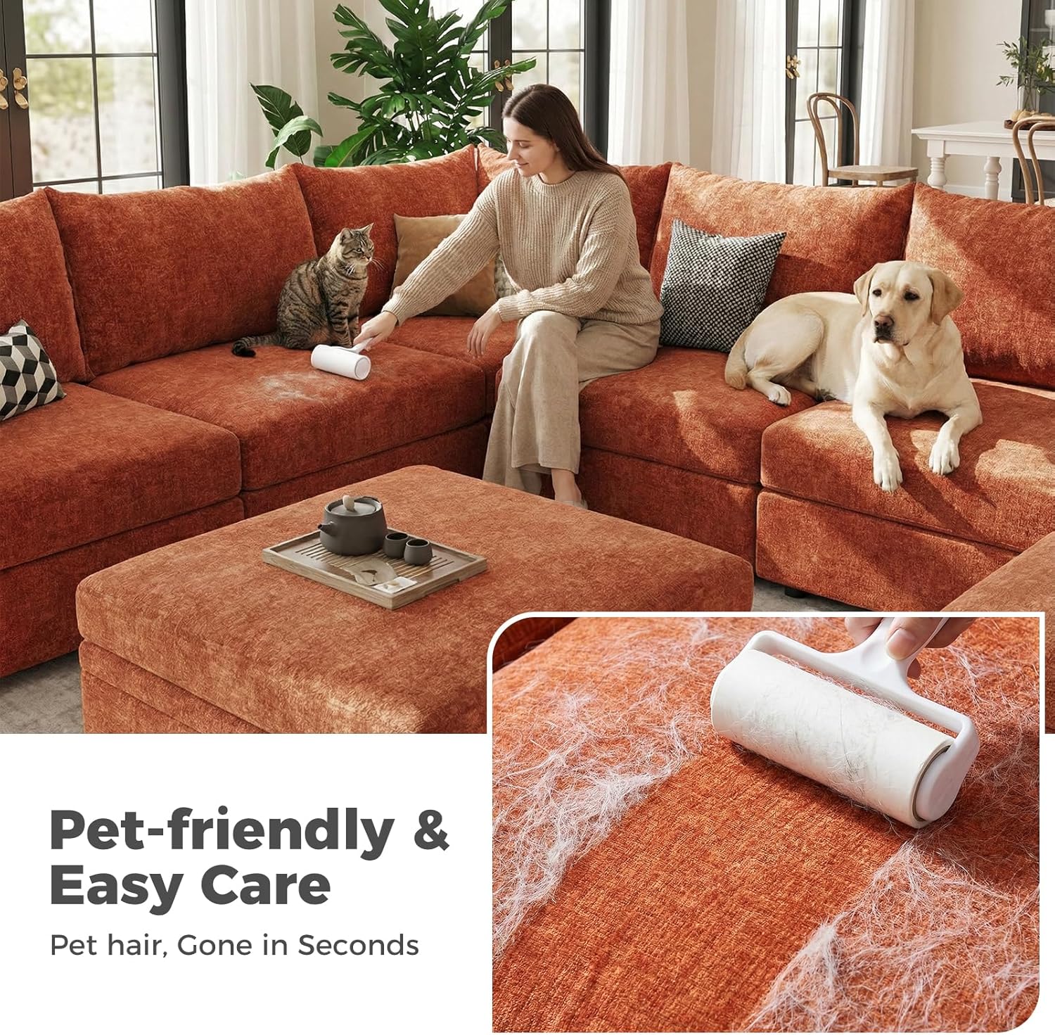 ABCASA 103.5" Oversized Modular Sectional Sofa, L Shaped Convertible Couch with Movable Ottoman, Large 6 Seat Corner Couches for Living Room Deep Seat- Terracotta Orange Chenille