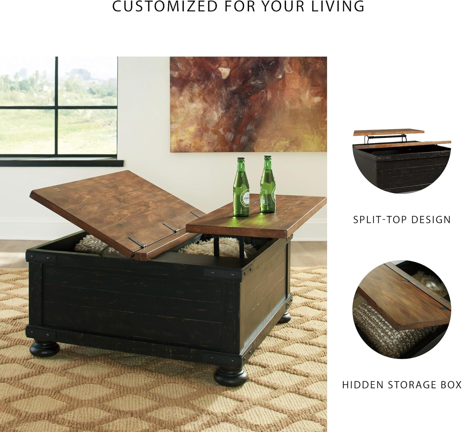 Signature Design by Ashley Valebeck Lift Top Coffee Table, Storage, Split-top Design, Wood, 36" W x 36" D x 18" H, 2-tone Distressed Brown & Black Finish