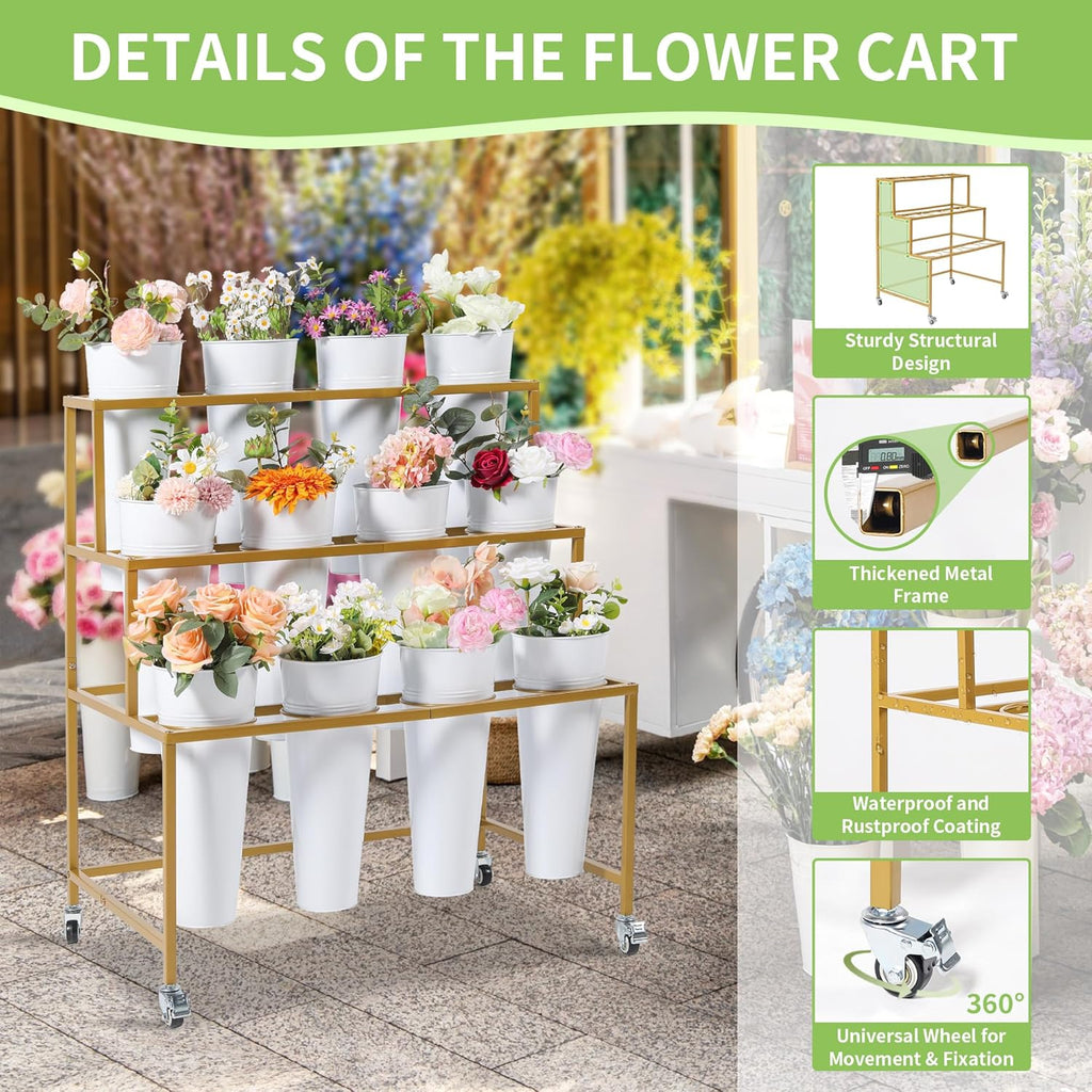 Flower Cart Display Stand  3 Layers Metal Flower Bar Stand with 360° Swivel Wheels and Brake  Flower Display stand with Iron Buckets  Durable than Plastic Buckets  Flower Holder for Florist or Wedding
