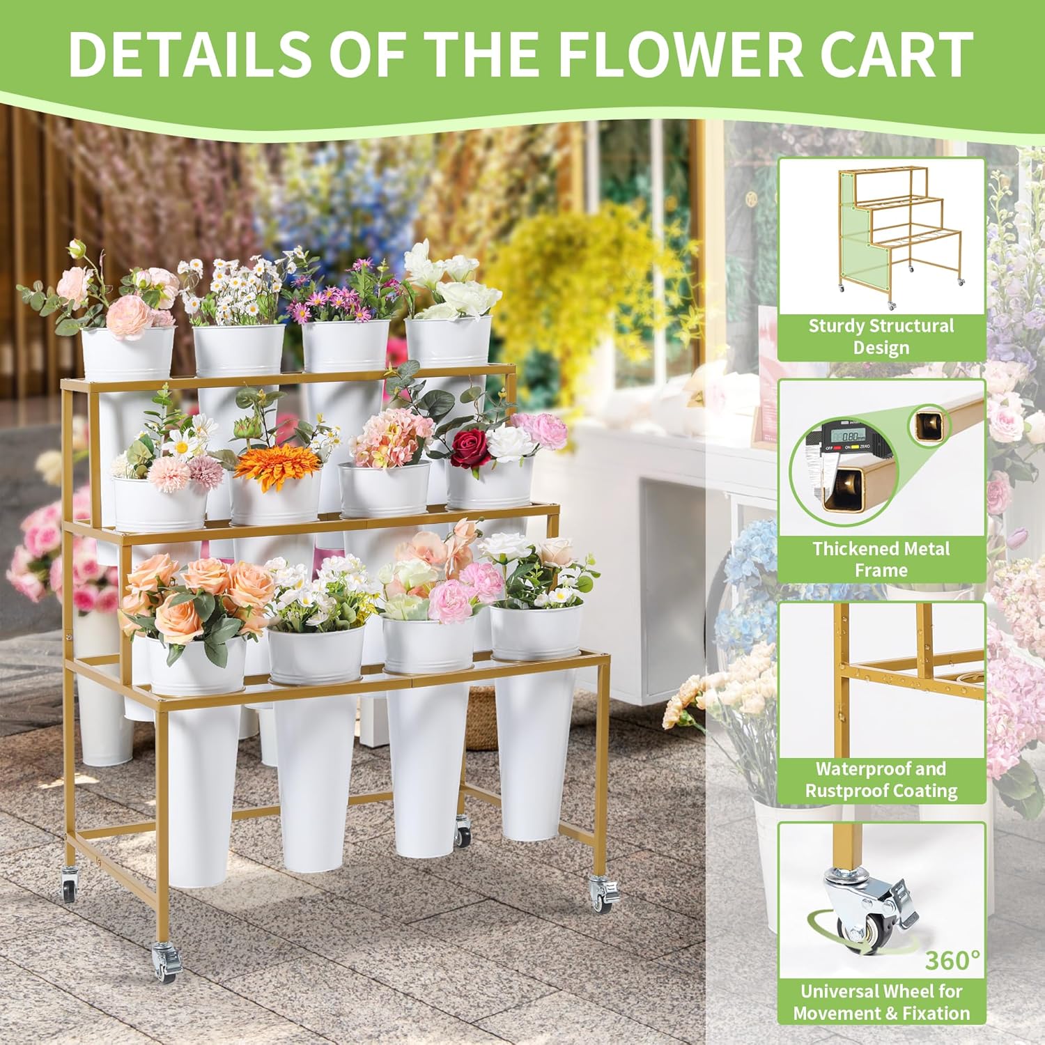 Flower Cart Display Stand  3 Layers Metal Flower Bar Stand with 360° Swivel Wheels and Brake  Flower Display stand with Iron Buckets  Durable than Plastic Buckets  Flower Holder for Florist or Wedding