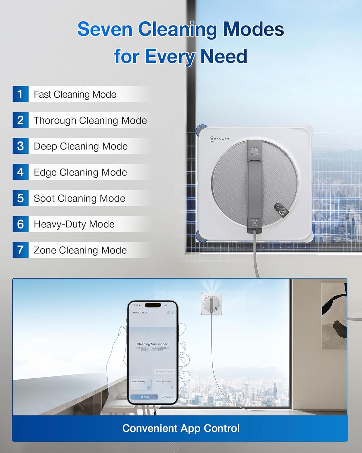 ECOVACS WINBOT W2S Window Cleaning Robot, Intelligent Edge-to-Edge Cleaning with TruEdge Scrubbers, 3 Water Nozzles, 10-Level Safety System, Win-SLAM 4.0 Route Planning, Even Climbing System