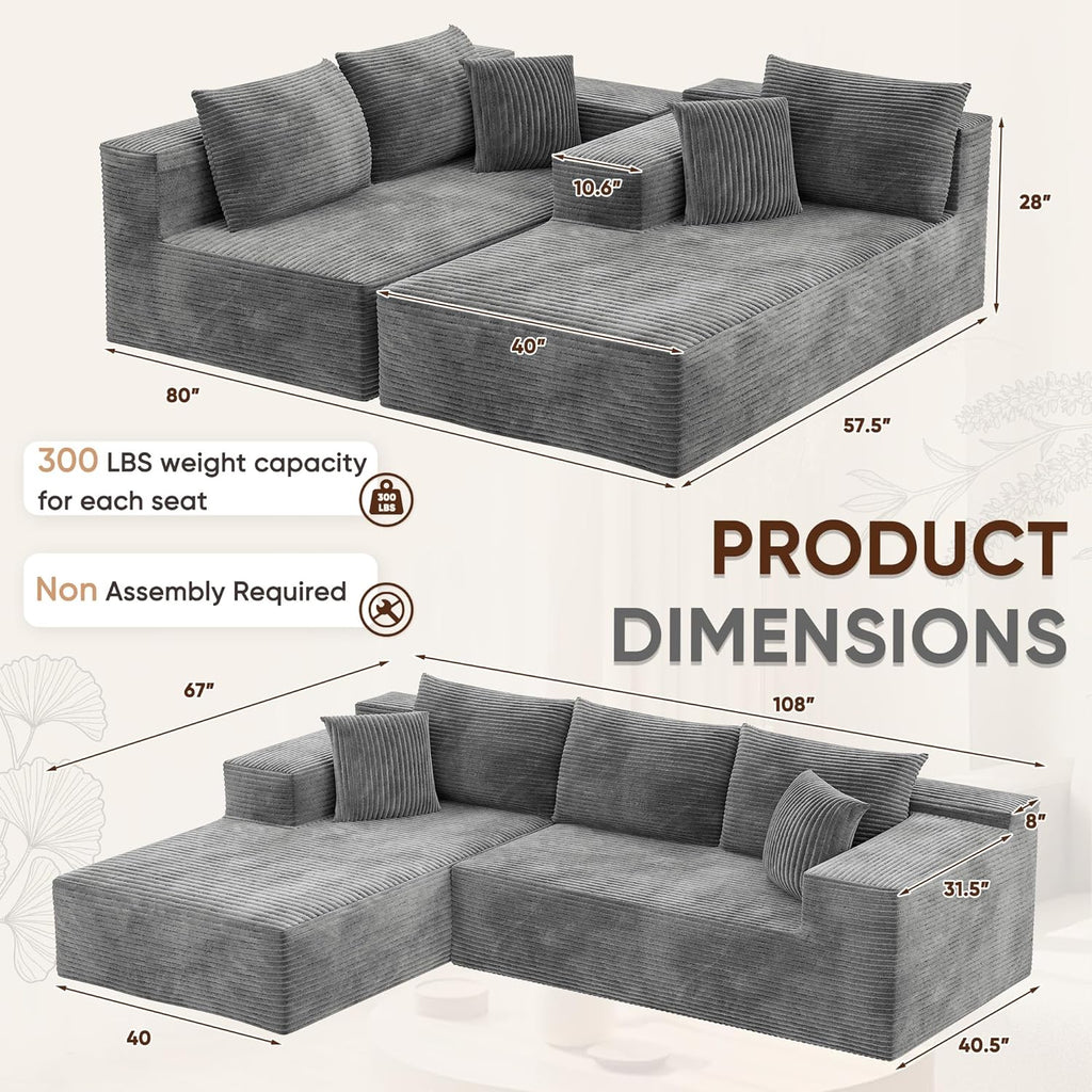 VICTONE 108” Cloud Sectional Couches, Boneless Couch Modular L-Shaped Sofa with Deep Seat, Modern Comfort Upholstered Sofas for Living Room, No Assembly Required (Corduroy, Grey)