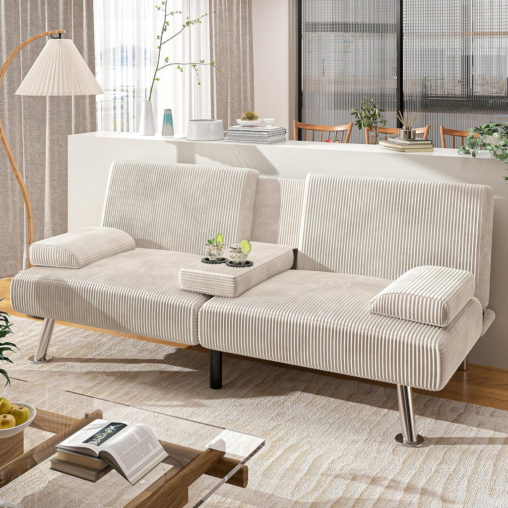 Shahoo Modern Upholstered Convertible Folding Futon Sofa Bed with Removable Armrests, Metal Legs, 2 Cup Holders for Living Room, Beige