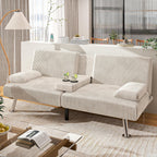 Shahoo Modern Upholstered Convertible Folding Futon Sofa Bed with Removable Armrests, Metal Legs, 2 Cup Holders for Living Room, Beige