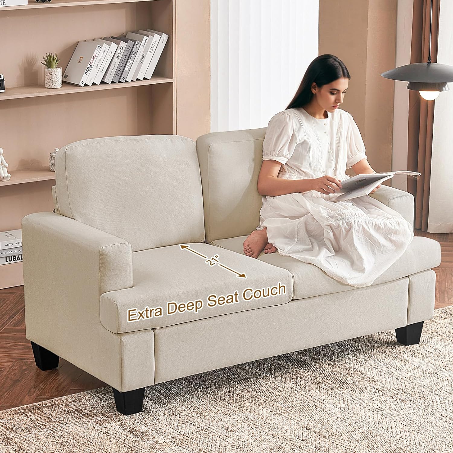 Furnimart 85 inch Deep Seat Sofa, Modern 3 Seater Couch, Beige Linen Sofa, Comfy Cloud Couch for Living Room, Cozy Fluffy Sofas with Removable Sofa Cover, Small Couches for Small Spaces
