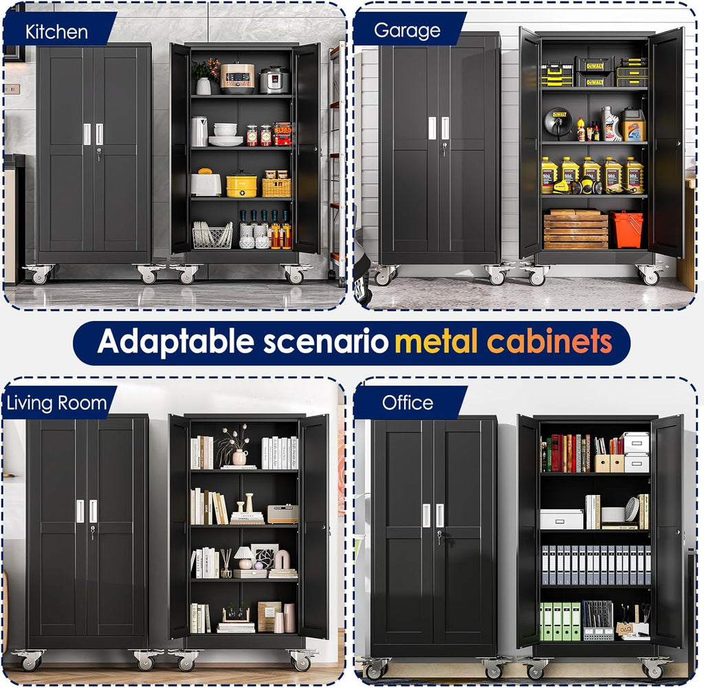 erosoei 61" H Metal Garage Storage Cabinet, Rolling Tool Cabinet with 2 Doors and Wheels, Locker Steel Cabinet with 3 Adjustable Shelves, Organization Cabinet for Garage,Office,Home,Gym,School（Black）