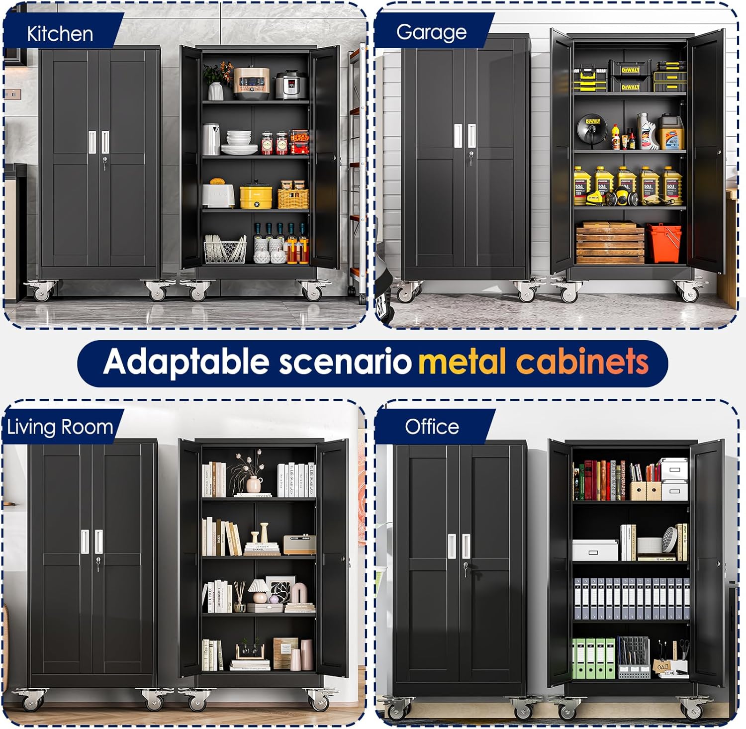 erosoei 61" H Metal Garage Storage Cabinet, Rolling Tool Cabinet with 2 Doors and Wheels, Locker Steel Cabinet with 3 Adjustable Shelves, Organization Cabinet for Garage,Office,Home,Gym,School（Black）