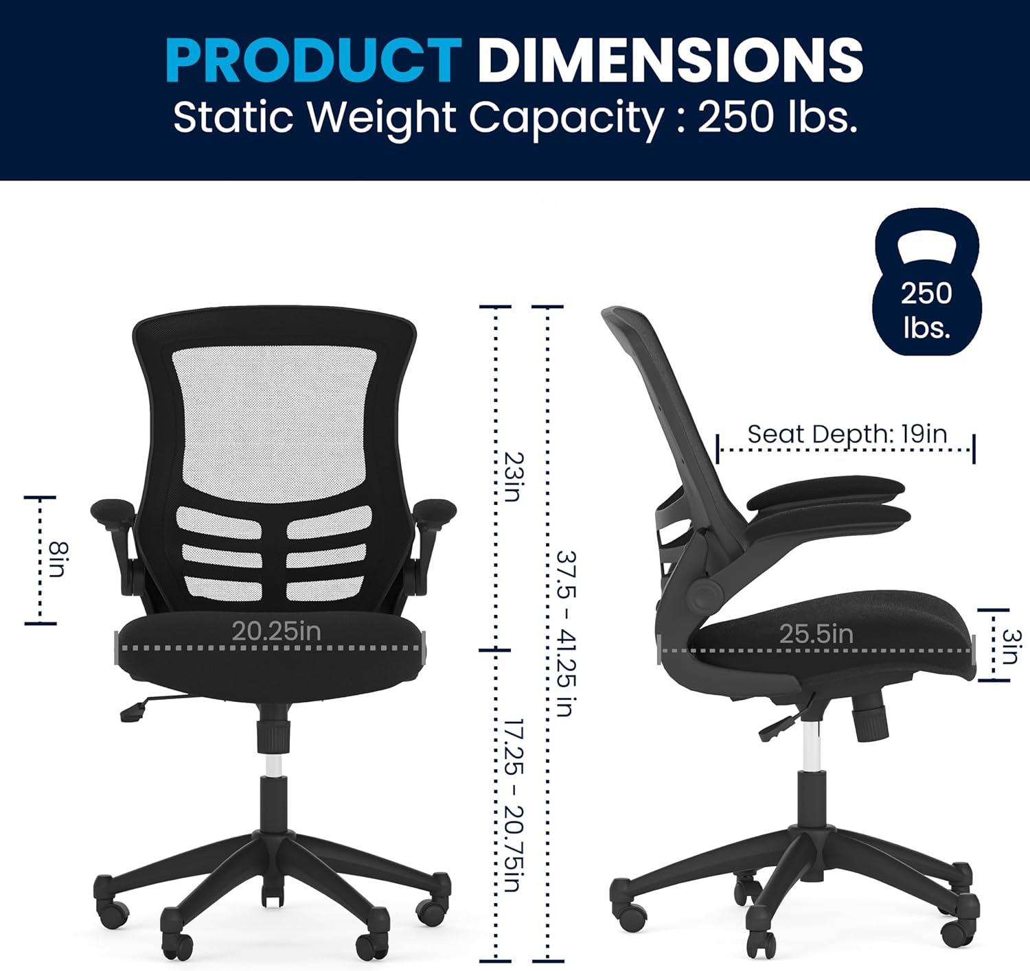 Flash Furniture Kelista Mid-Back Swivel Office Chair with Adjustable Seat Height, Ergonomic Mesh Desk Chair with Flip-Up Armrests, Black