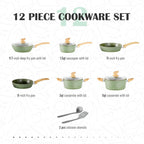 MAISON ARTS Pots and Pans Set Non Stick, 12 Piece Green Granite Kitchen Cookware Induction Compatible, Cooking Sets Pots and Pans Nonstick