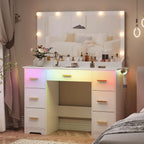 44" Vanity Desk with Mirror and Lights, Glass Top Makeup Vanity with RGB Ambient Lights & 7 Drawers, Large Dressing Table with Power Outlet for Bedroom, White