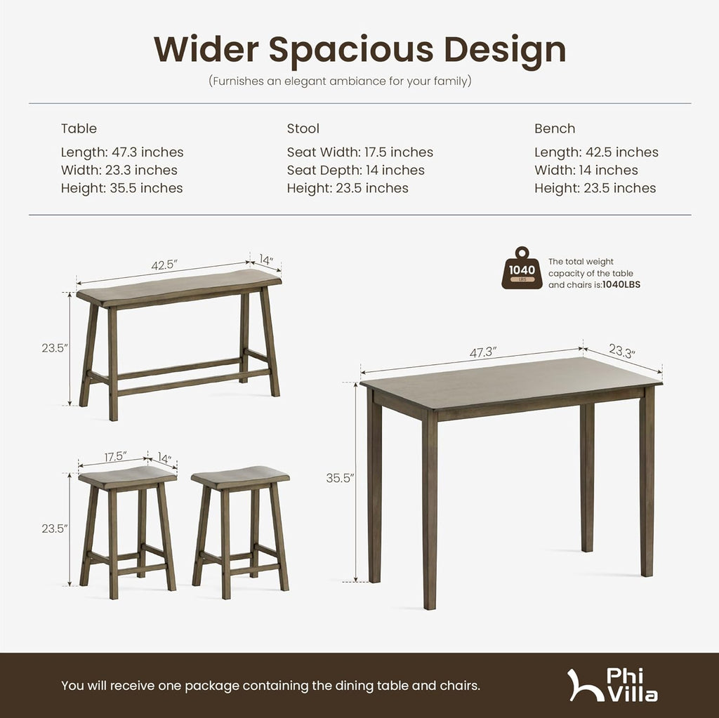 PHI VILLA Farmhouse Dining Table Set for 4 Small Space, Counter Height Table and Chairs with Bench, Rustic Solid Wood High Top Kitchen Table Set for Dining Room and Kitchen, Smoky Brown