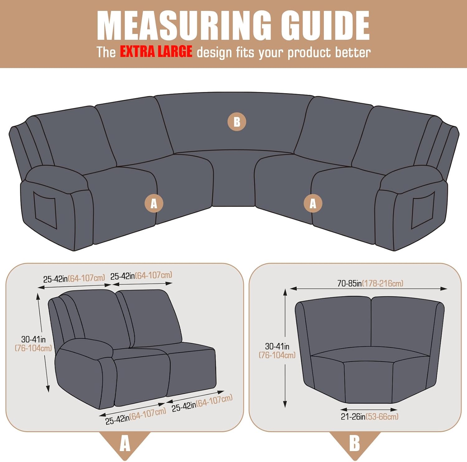 VANSOFY Extra Large Reclining Sectional Couch Covers, Washable 5-Piece Sofa Covers for L Shape Sectional Sofa Corner Seater, Thick, Soft Sofa Slipcovers (5 Seat Recliner Cover，Black)