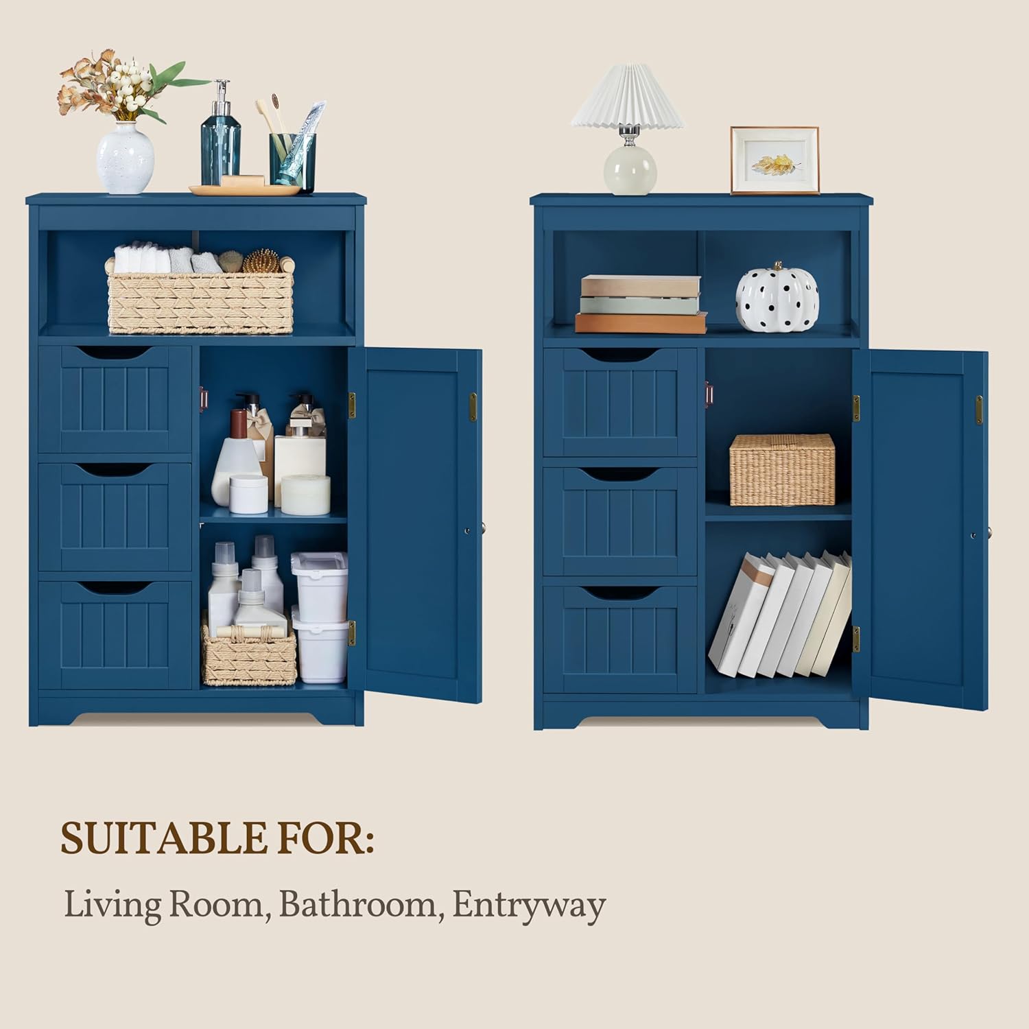 Yaheetech Bathroom Floor Cabinet, Free Standing Wooden Storage Organizer Multiple Tiers Storage Living Room Cabinet, Navy Blue