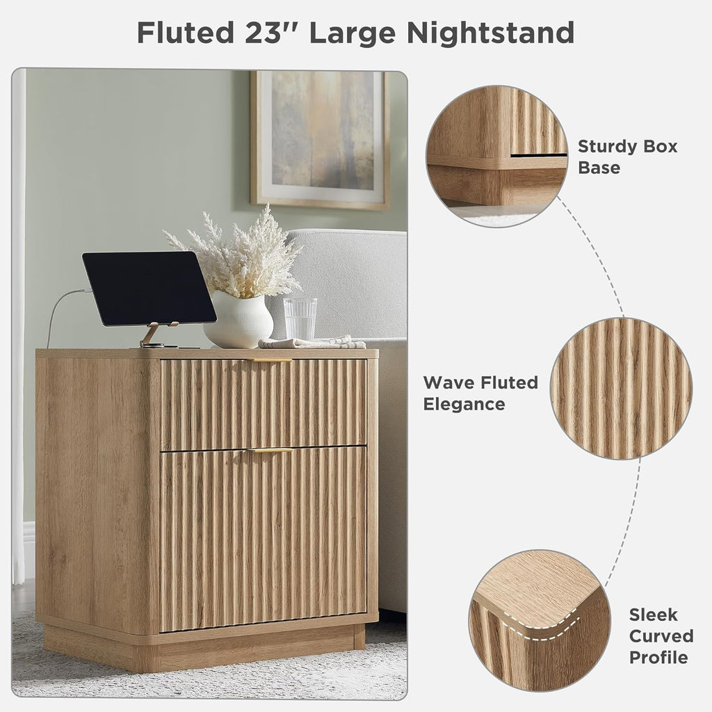 T4TREAM 23'' Fluted Nightstand Set of 2 with Charging Station, Large 2 Drawer Bedside Table, Modern End Table with Storage, Mid Century Night Stand for Bedroom Living Room, Curved Profile, Natural Oak