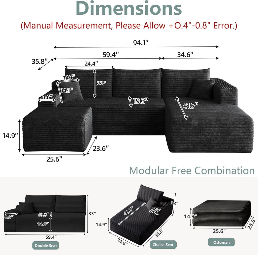 95" Modular Sectional Sofa with Ottoman, Modern Corduroy Cloud Couch with Deep Seat, Boneless Couch Upholstered 3-Seater U-Shaped Sofa for Living Room, No Assembly (Black,Right-Facing Chaise)