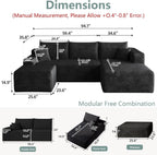 95" Modular Sectional Sofa with Ottoman, Modern Corduroy Cloud Couch with Deep Seat, Boneless Couch Upholstered 3-Seater U-Shaped Sofa for Living Room, No Assembly (Black,Right-Facing Chaise)