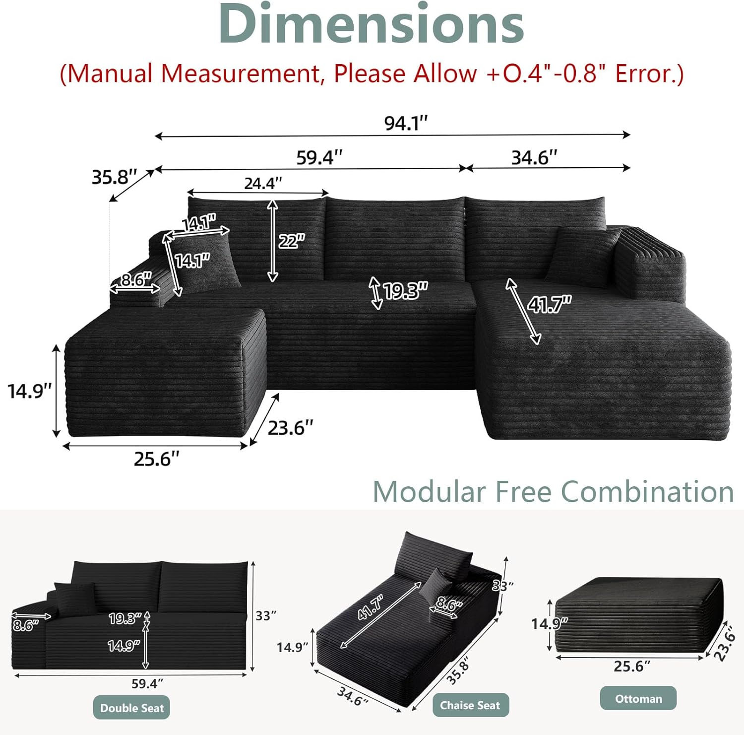 95" Modular Sectional Sofa with Ottoman, Modern Corduroy Cloud Couch with Deep Seat, Boneless Couch Upholstered 3-Seater U-Shaped Sofa for Living Room, No Assembly (Black,Right-Facing Chaise)