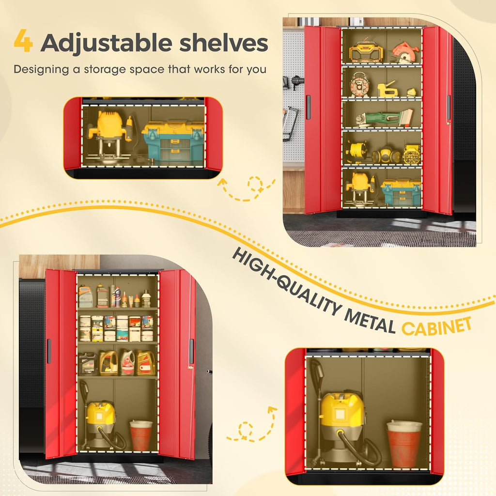 Greenvelly Metal Storage Cabinet, Steel Garage Cabinet with Doors and Adjustable Shelves, Metal Cabinet with Lock,Tall Metal Office Storage Cabinet for Garage,Home Office,School (Black Red)