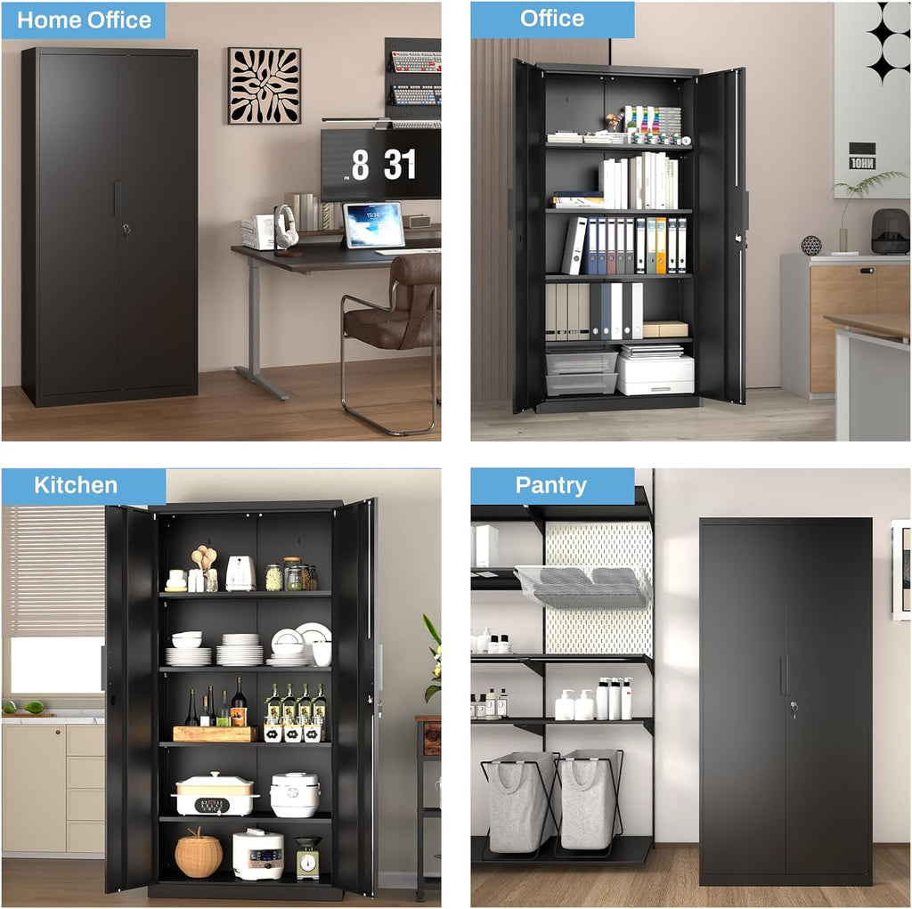 Metal Garage Storage Cabinet with Lock, 71" Tall Steel Storage Locker with 4 Adjustable Shelves, Heavy Duty Metal Cabinet for Garage, Office, Home, 31.5”W × 16.5”D, Black