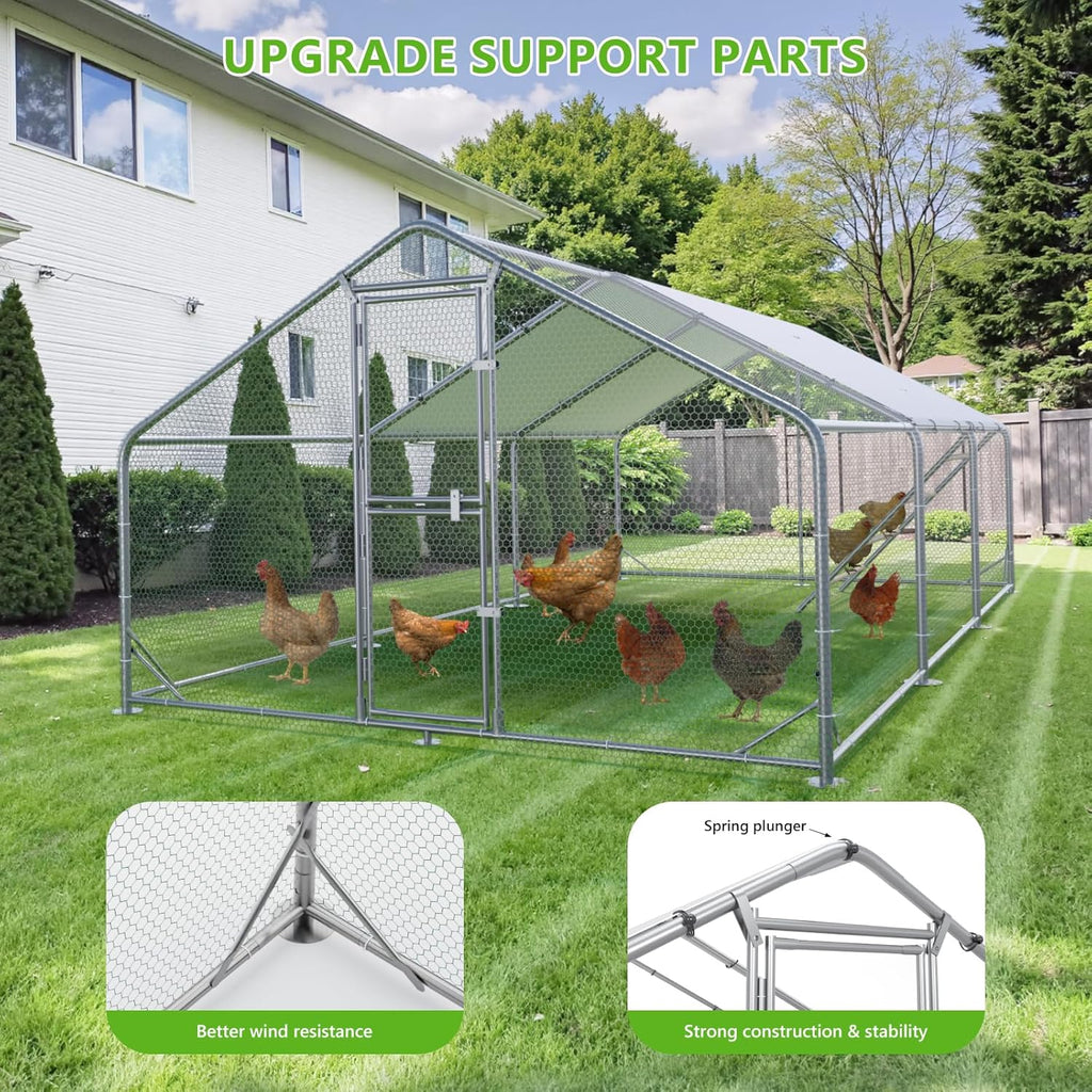 Large Chicken Coop Metal Chicken Run for Yard with Feeding Door Walk-in Chicken Pen for 20-30 Chickens Outdoor Poultry Cage with Anti-UV Cover Duck Rabbit House