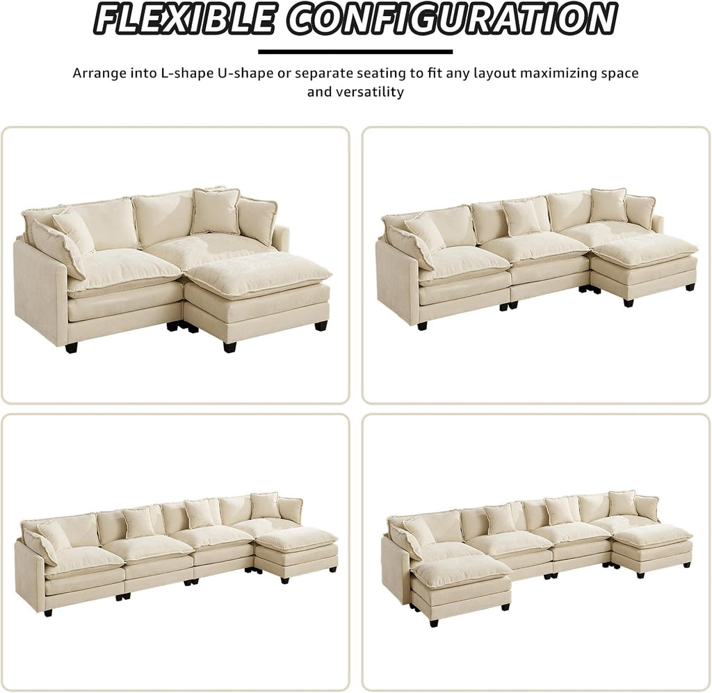 113.8" Modern Cozy Sectional Couches for Living Room, Beige Chenille Comfy Cloud Couch Sectional, 3 Seater Couch for Living Room, Sofas para Sala, I Shaped Sofas & Couches (Beige, 3+0 Set)