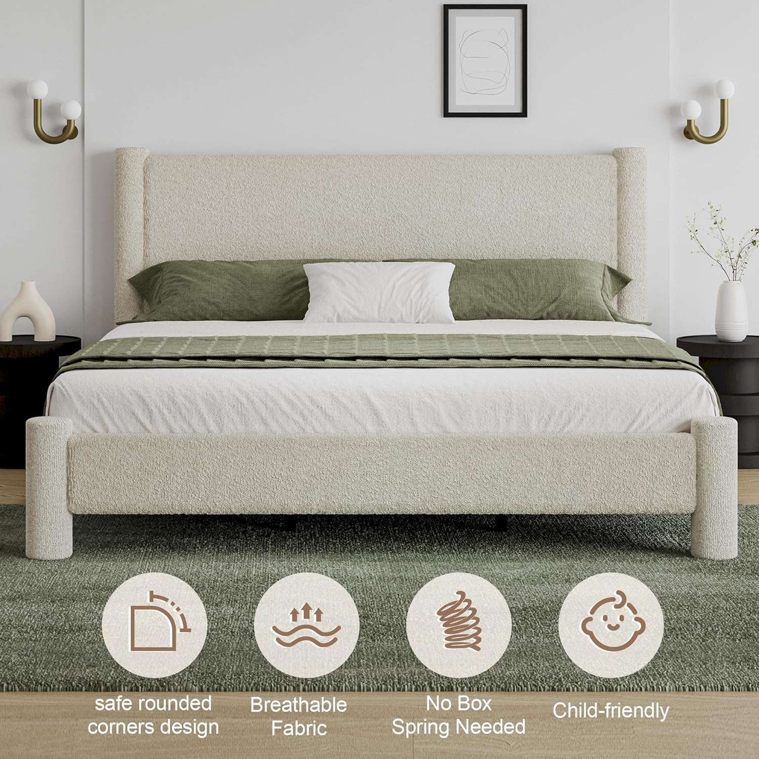 King Size Bed Frame, Boucle Bed Frame with Headborad, Soft Upholstered Platform Bed Frame with Rounded Corners, No Box Spring Required, Easy Assembly, Cream