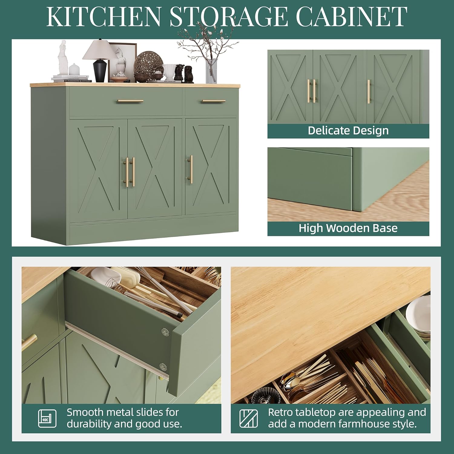 Shintenchi Modern Farmhouse Sideboard Buffet Cabinet with Storage with 3 Doors,42" Barn Doors Buffet Cabinet with Storage, Wood Coffee Bar Cabinets with Adjustable Shelf for Kitchen Living Room,Green