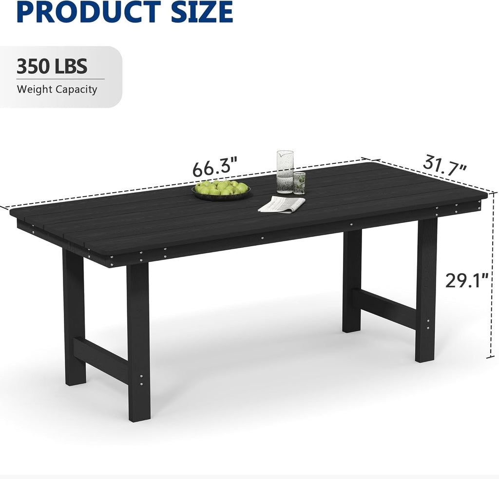 PIZZELLO Patio Dining Table for 6, 66" Rectangular HDPE Outdoor Dining Table with 1.8" Umbrella Hole, All Weather Outdoor Patio Table for Lawn Backyard Garden, Black