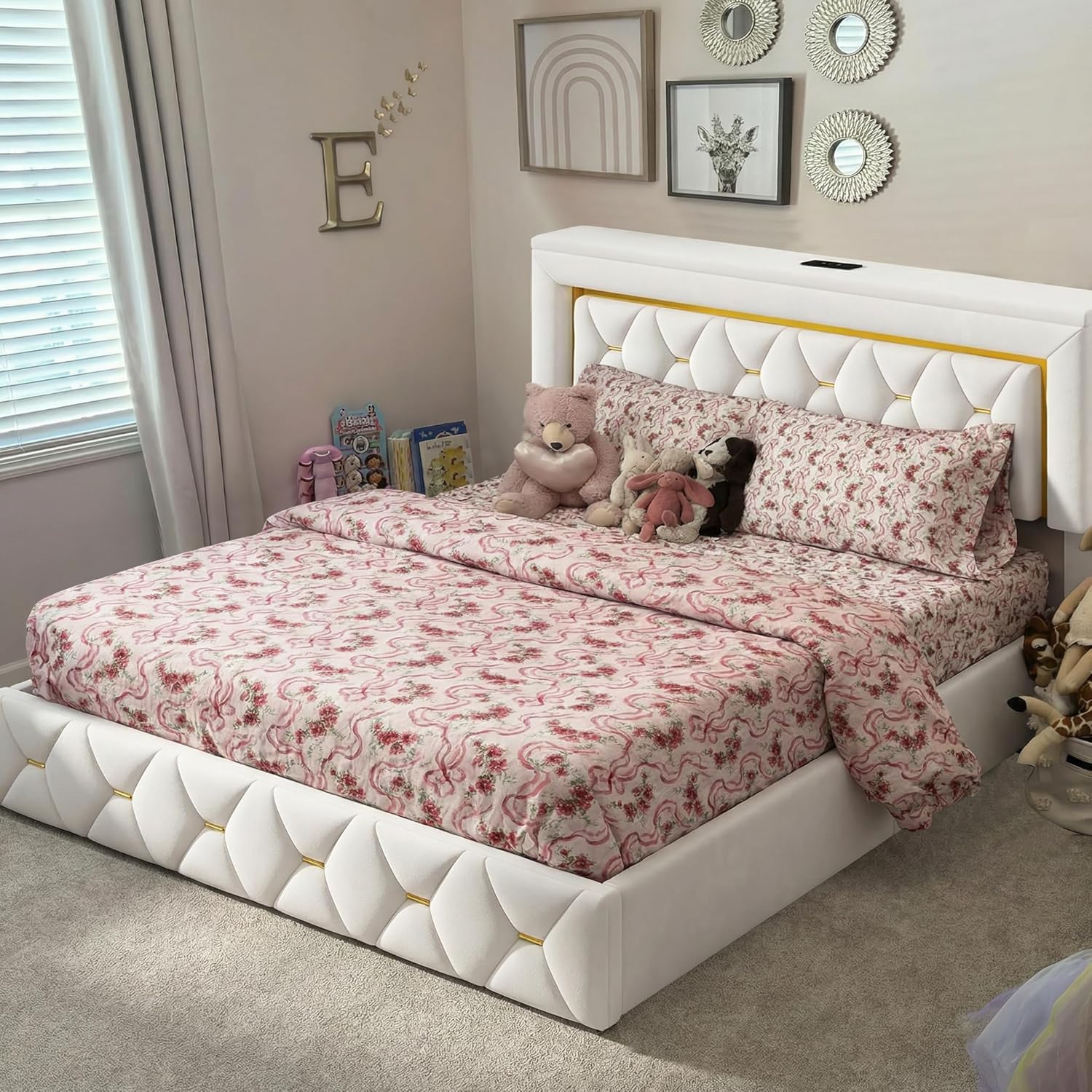 King Size Bed Frame with 4 Storage Drawers & LED Lights, Velvet Bed Frame with Charging Station, Wooden Slats, No Box Spring Needed, Beige
