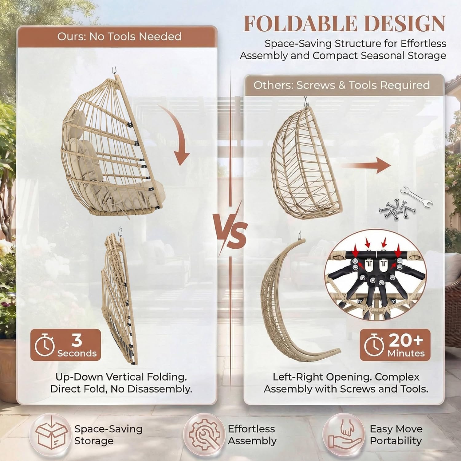 NICESOUL Cozy Hanging Egg Chair with Stand Indoor Outdoor, Wicker Patio Basket Swing Chair with Cushion and Golden Legs, 350lbs Durable Sturdy Egg Hammock Chairs for Deck Balcony Backyard Porch, Cream