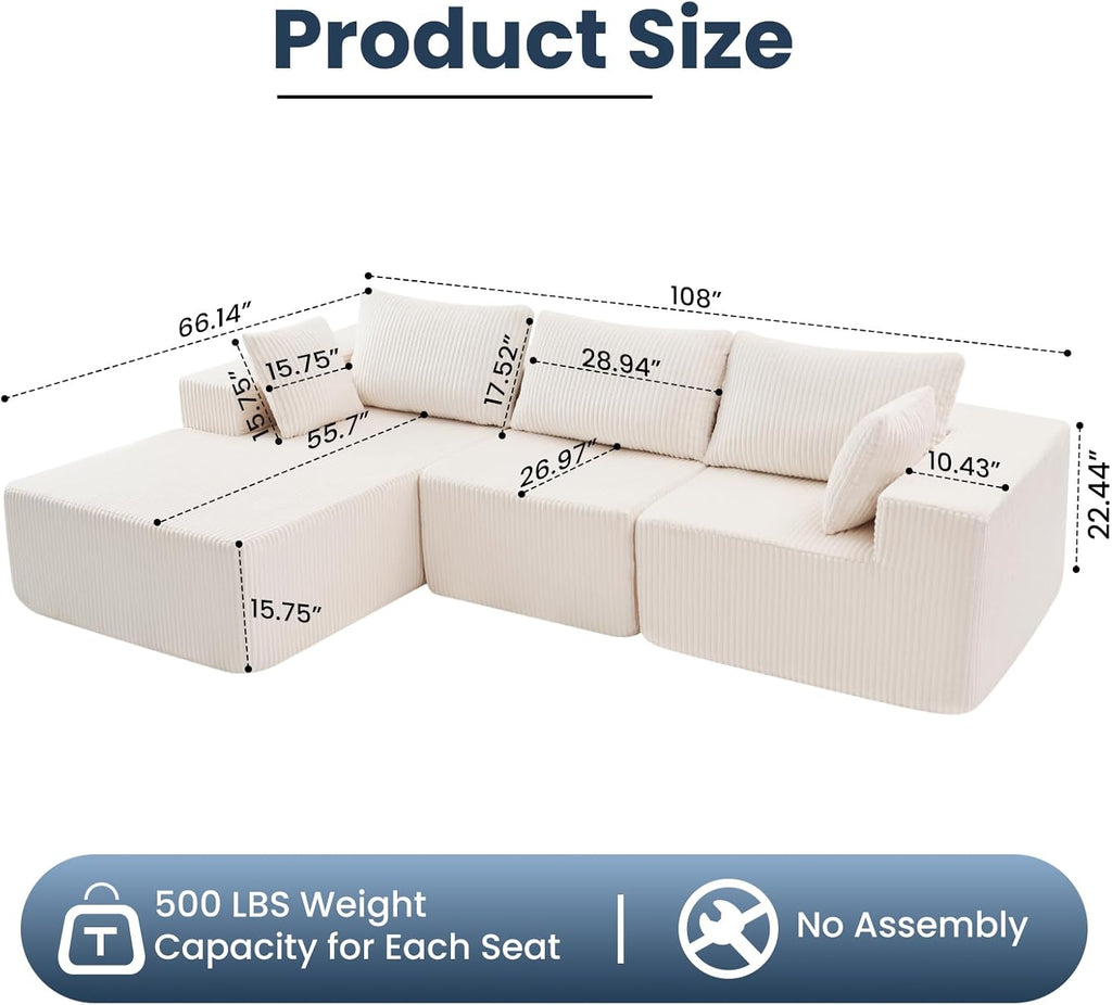 DUMOS 108" Boneless Couch, Cloud Sectional Couch with L-Shape Chaise, Modular Sectional Sofa with Deep Seat, Upholstered Couch for Living Room Bedroom, No Assembly Required (Beige, Left Facing Chaise)