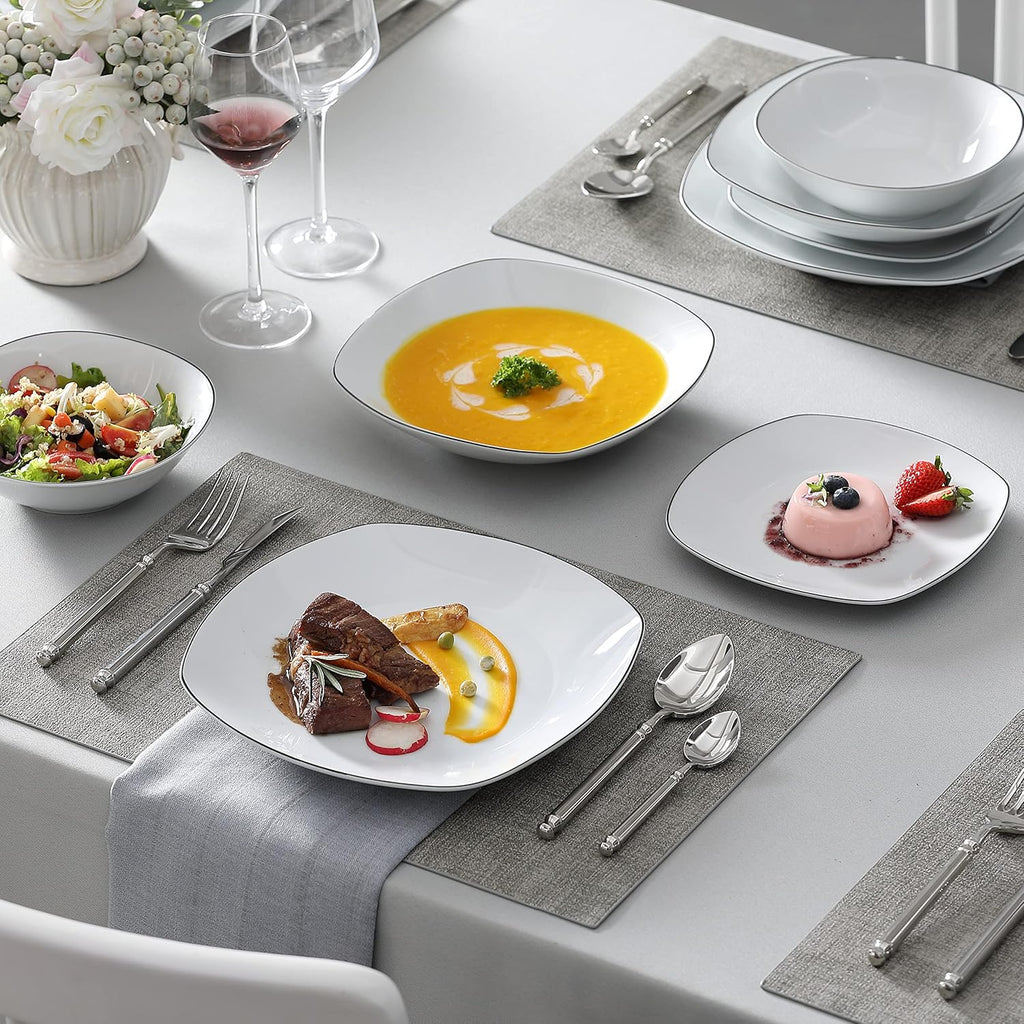 MALACASA Dinnerware Sets, 24 Piece Porcelain Square Dishes, White with Black Rim Plates and Bowls Sets, Ceramic Dish Set for 6, Chip Resistant Dishware Sets, Series ELISA