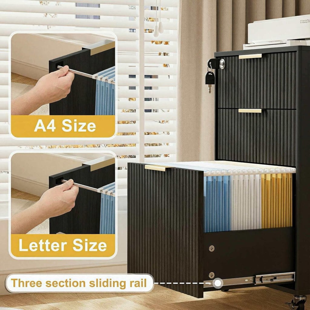 INNOD 3 Drawer Fluted Mobile File Cabinet with Lock, Rolling File Cabinet, Under Desk Wooden Filing Cabinets for Home Office (Black)