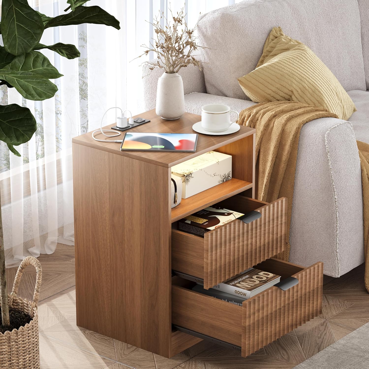 LED Nightstand with Charging Station, Fluted Nightstand Set of 2, Wood Nightstands with 2 Drawers & Metal Handles, Modern Bedside Table & End Tables, Farmhouse Night Stands for Bedroom, Walnut