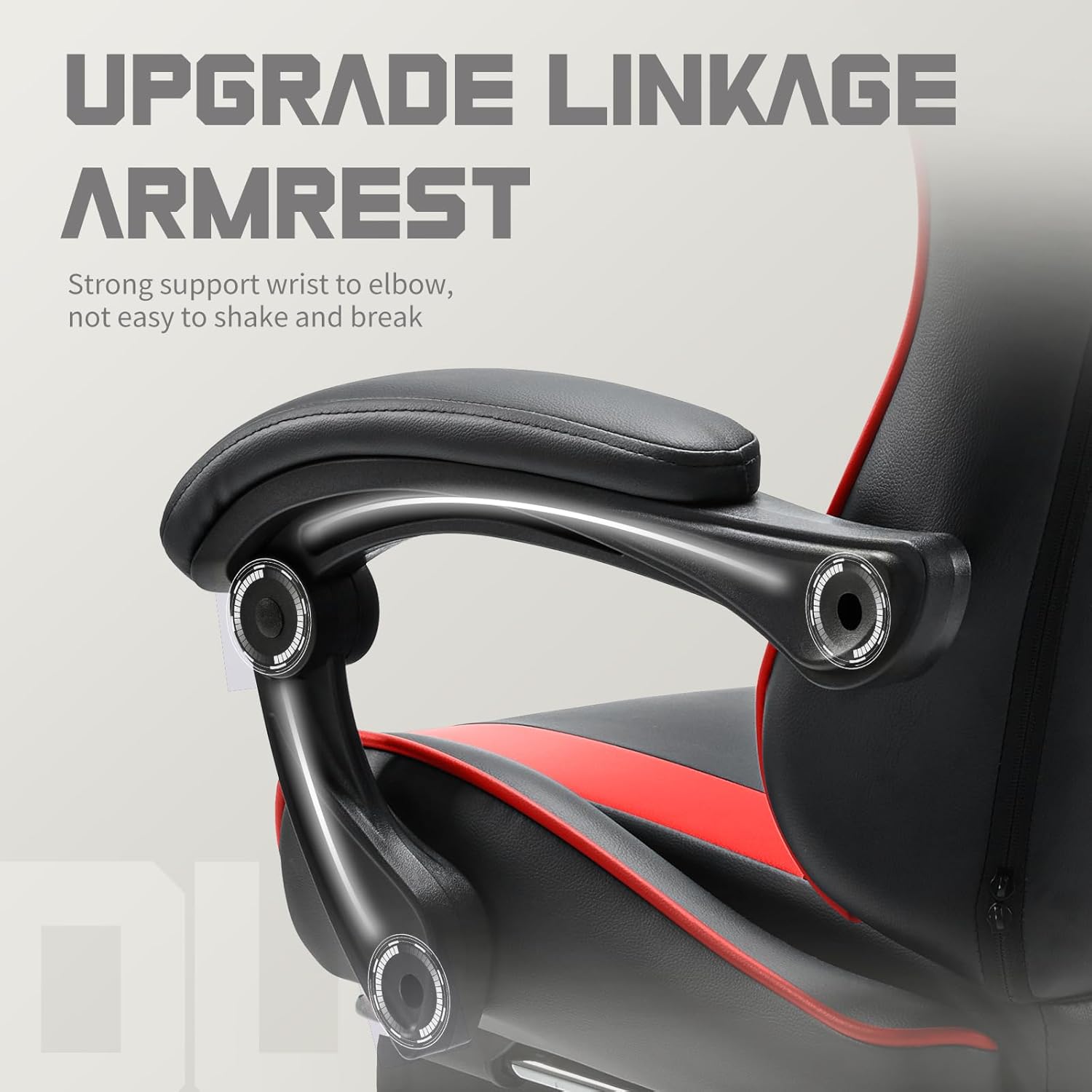 DUMOS Ergonomic Gaming Office Desk Chair with Footrest and Headrest for Adults, PU Leather Video Computer Chair with Linkage Armrests, Height Adjustable 360° Swivel Recling Chair, Black Red