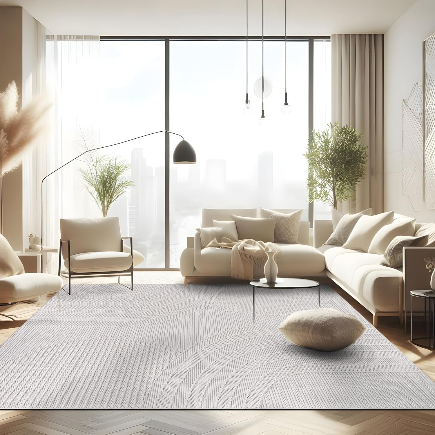CAMILSON Micro Loop Rug 9x12 Modern Luxury Geometric Arch Large Area Rugs Soft High and Low Pile Stain Resistant Easy-Cleaning Non-Shedding for Living Room Office Indoor Carpet (9 x 12 / White)