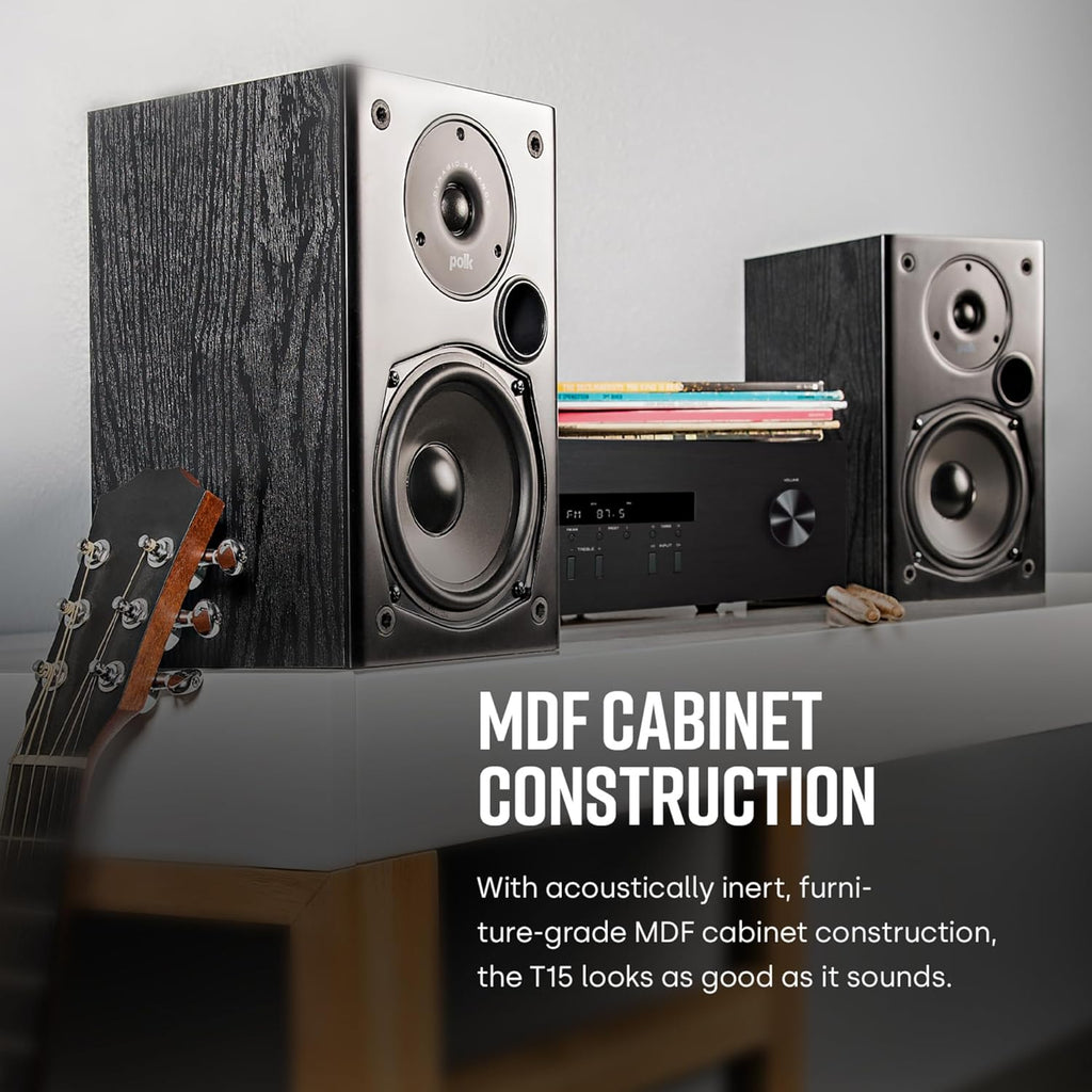 Polk Audio T15 Home Theater and Stereo Bookshelf Speakers – Deep Bass Response  Dolby and DTS Surround  Wall-Mountable  Pair  Black