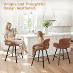 LUE BONA 26" Swivel Bar Stools Set of 6, Counter Height Bar Stools with Backrest and Arms, Modern Upholstered Barstools with Metal Legs for Kitchen Island, Brown