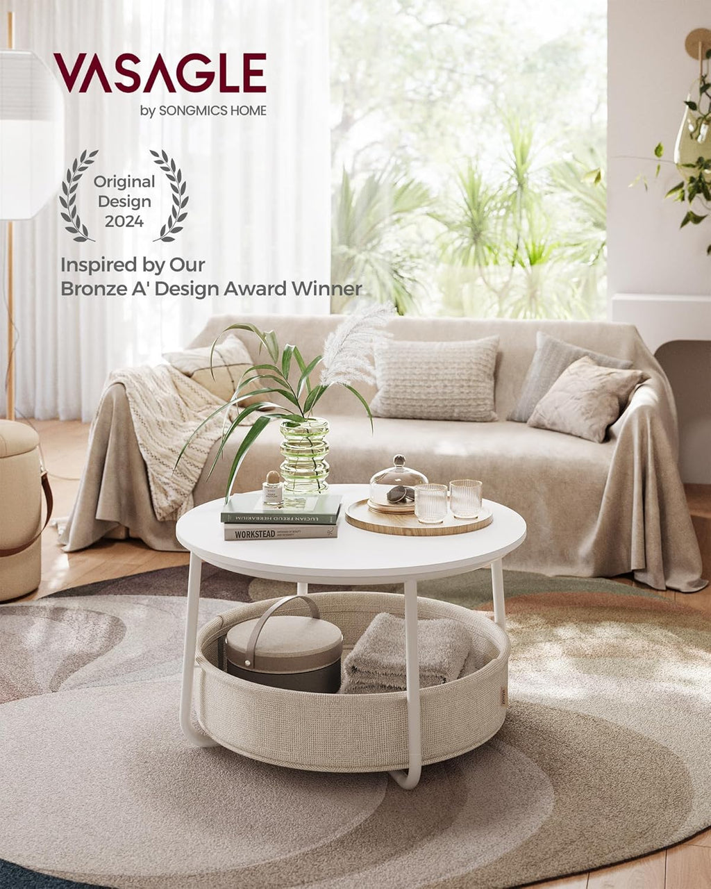 VASAGLE LILEA Collection - Coffee Table with Storage, Round Center Table for Living Room with Fabric Basket, Modern Style, Metal Frame, Matte White and Camel Brown ULCT244W10