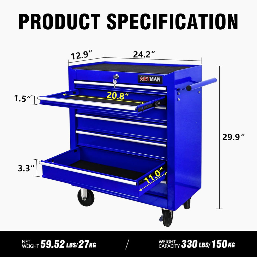 7 Drawers Rolling Tool Cart on Wheels, Multifunctional Organizer Tool Chest Tool Case, Trolley Tool Storage Tool Box for Workshop,Garage,Repair Shop (7 Drawers 24.2" W×12.9" D×29.9" H-Blue)