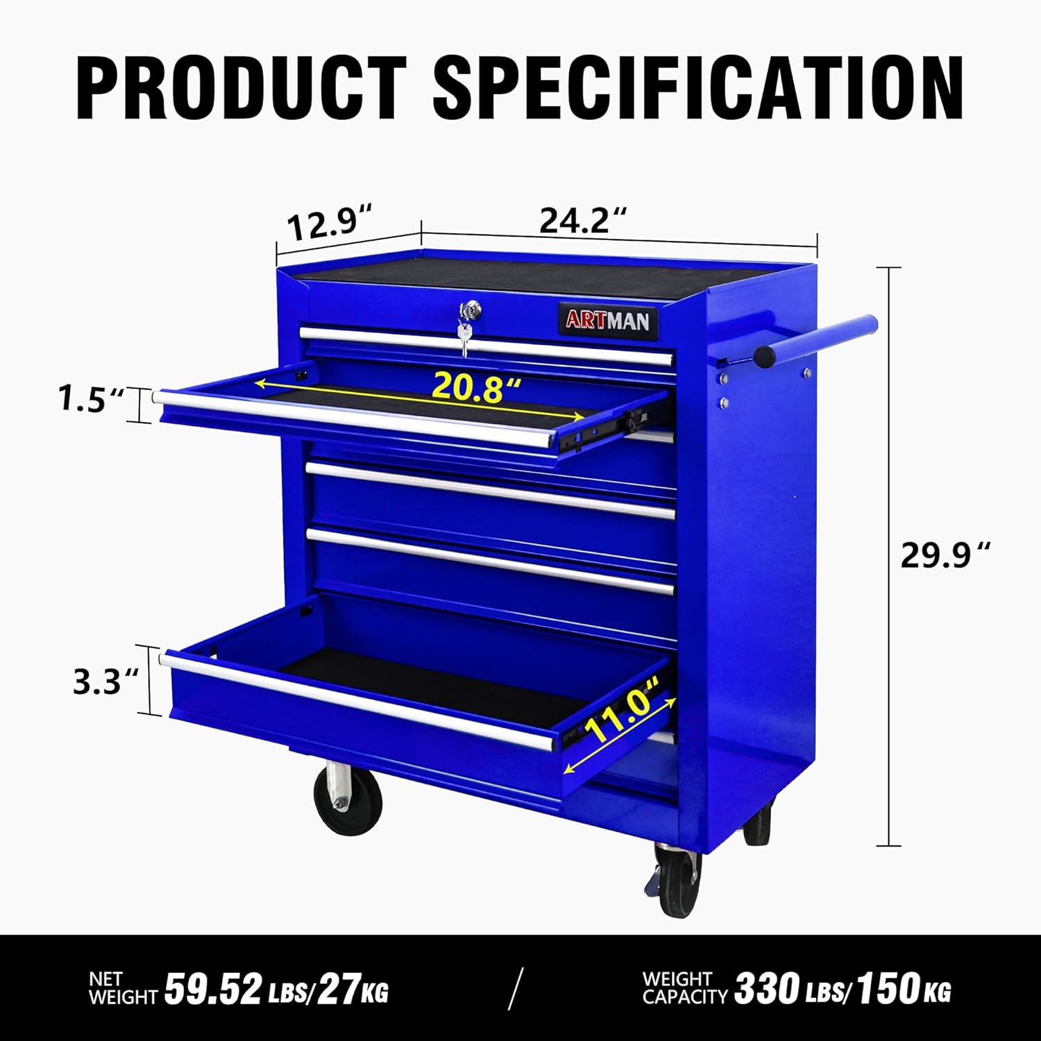 7 Drawers Rolling Tool Cart on Wheels, Multifunctional Organizer Tool Chest Tool Case, Trolley Tool Storage Tool Box for Workshop,Garage,Repair Shop (7 Drawers 24.2" W×12.9" D×29.9" H-Blue)