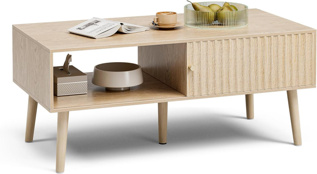 LCRBOL Coffee Table with Storage, Boho Dining Table with Sliding Fluted Door and Solid Wood Legs, Small Coffee Tables for Living Room, Oak