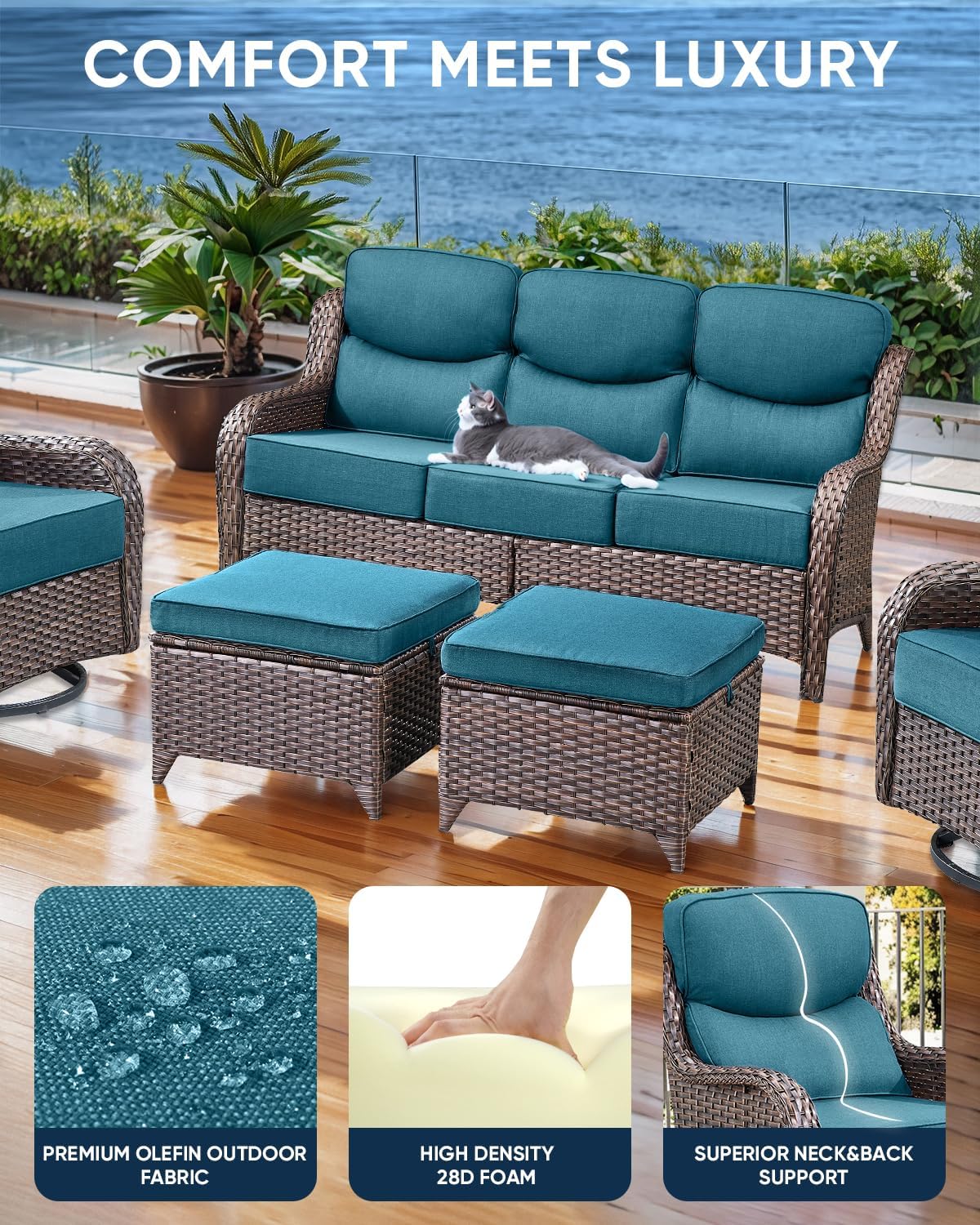 Luxury 24x24x6 Inch Smile Patio Cushions for Outdoor Furniture Set of 6 - Thick Back & Deep Seat Outside Chair Pillows for Rattan Metal Glider Loveseat Sectional Sofa - Peacock Blue