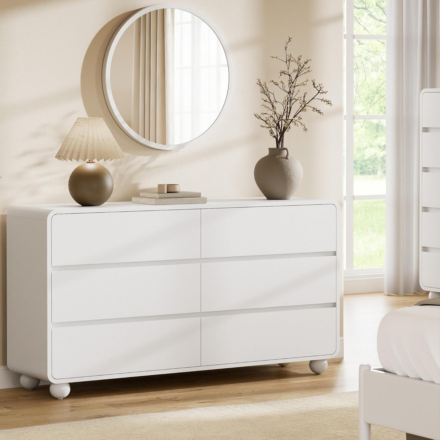 Lulive Wood Dresser for Bedroom, 53” Wide Chest of Drawers with 6 Drawers, Modern Closet Storage Drawer with Curved Profile Design for Living Room, Hallway, Entryway, White