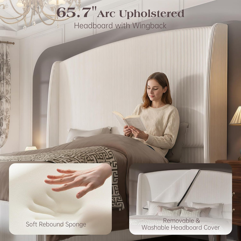 King Size Upholstered Bed Frame with 65.7" Tall Headboard Wingback, Soft Washable Corduroy Beds Cover, Solid Wood Legs, Noise-Free, No Box Spring Needed, Cream