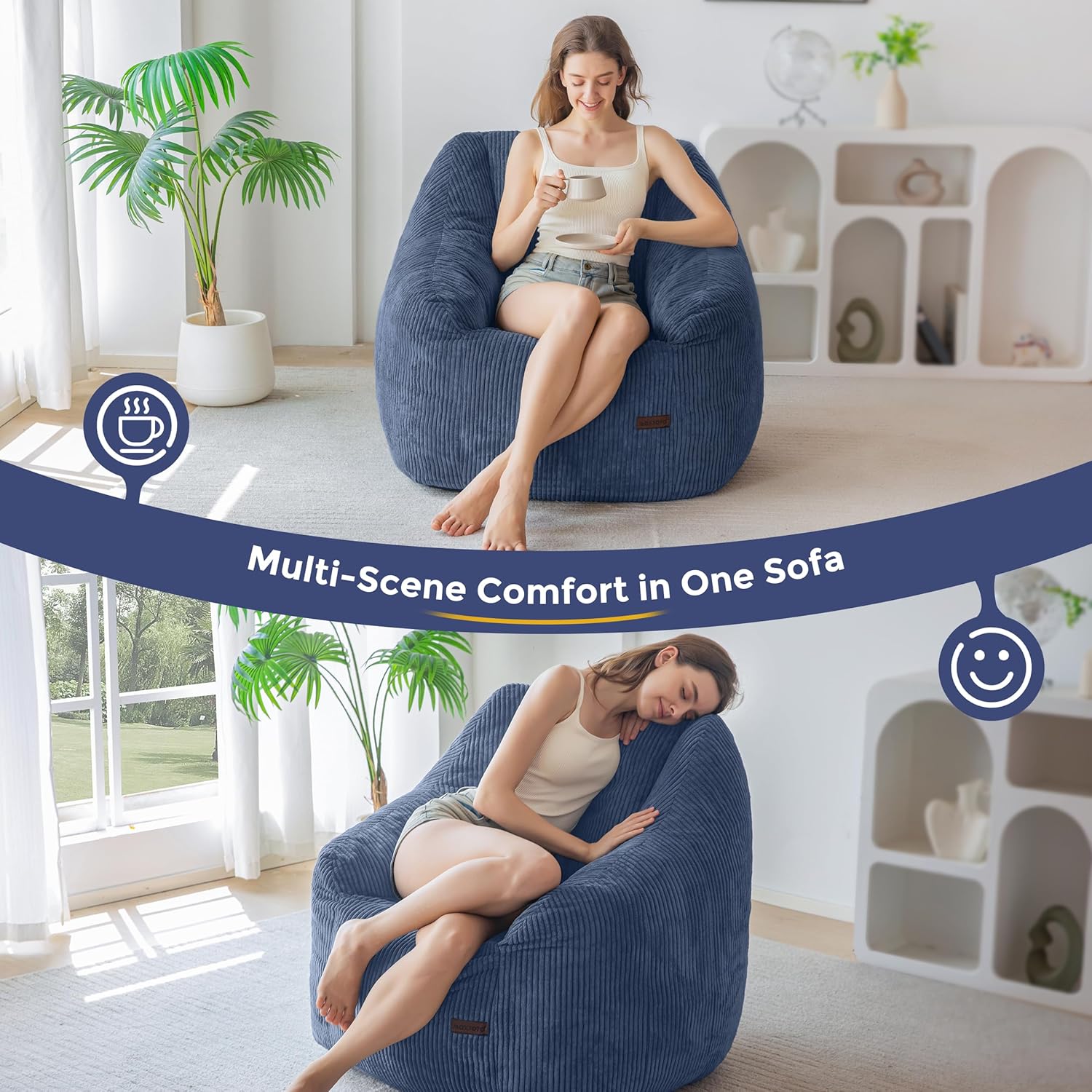 MAXYOYO Bean Bag Chair, Bean Bag Sofa with Filler, Cozy Living Room Chair for Adults and Kids, Stuffed Floor Sofa for Bedroom Dorm Reading, Dusty Blue