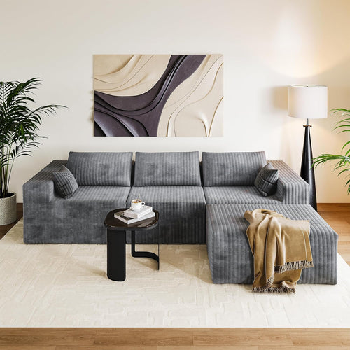 110" Boneless Couches for Living Room Cloud Couch Modular Sectional Sofa with Deep Seat Plush Large Foam Sofa L-Shape Sofa Couch,No Assembly Required, Carbon Gray(Plush Corduroy Fabric)