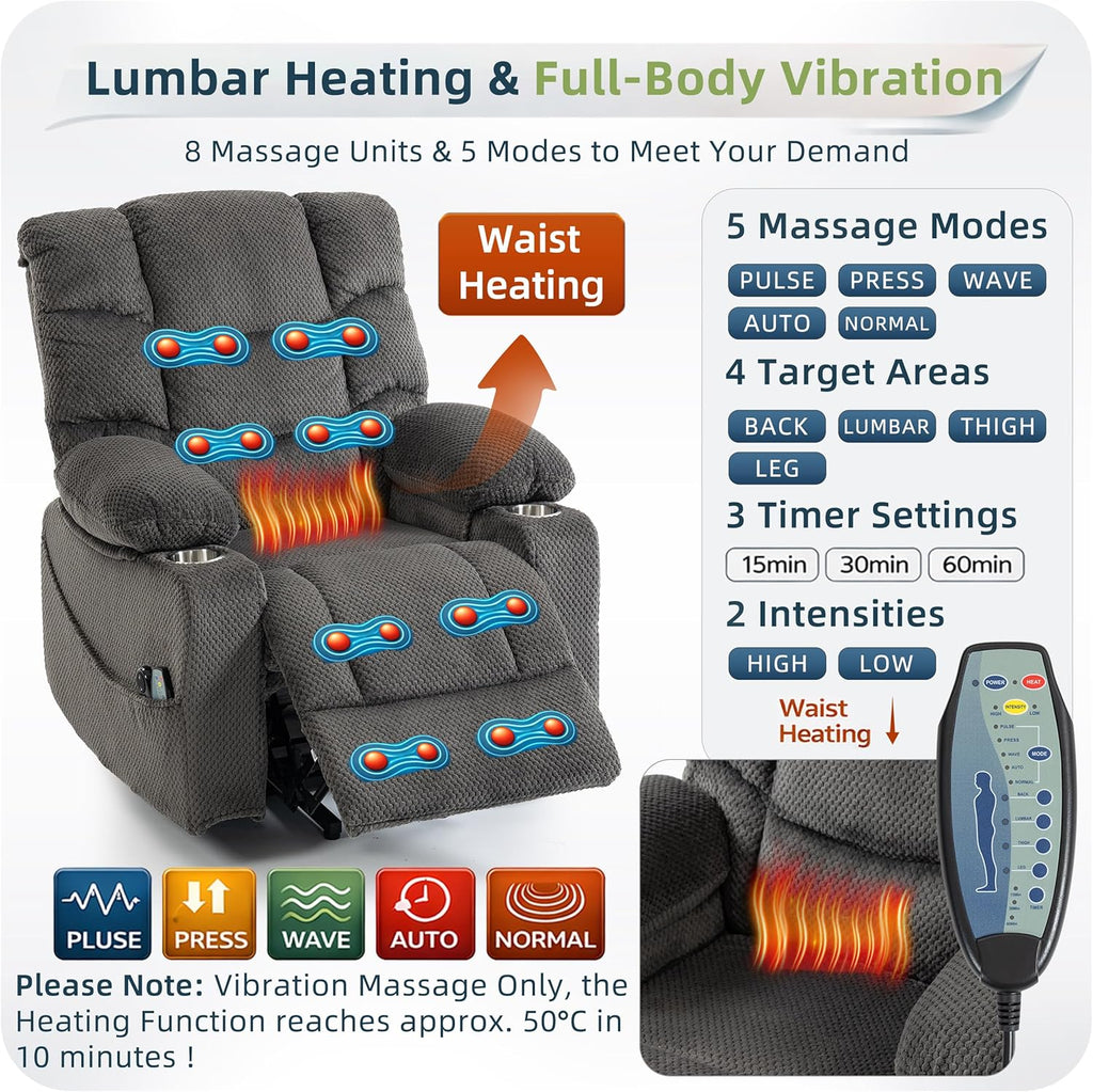 Power Lift Recliner Chair for Elderly, Velvet Recliner with Massage and Heat, Lazy Boy Power Recliner Lay Flat 160° Cup Holders for Living Room